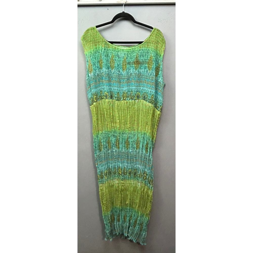 Coldwater Creek Dress Womens 14 Green Turquoise Crinkle Boho Medallion Maxi
